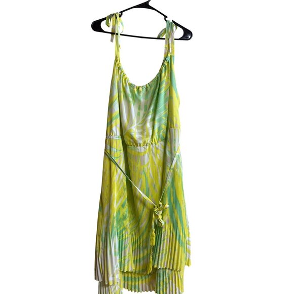 Lane Bryant 26/28 Yellow & Green Pleated Asymmetrical Hem Dress With Tie Straps - Picture 2 of 7